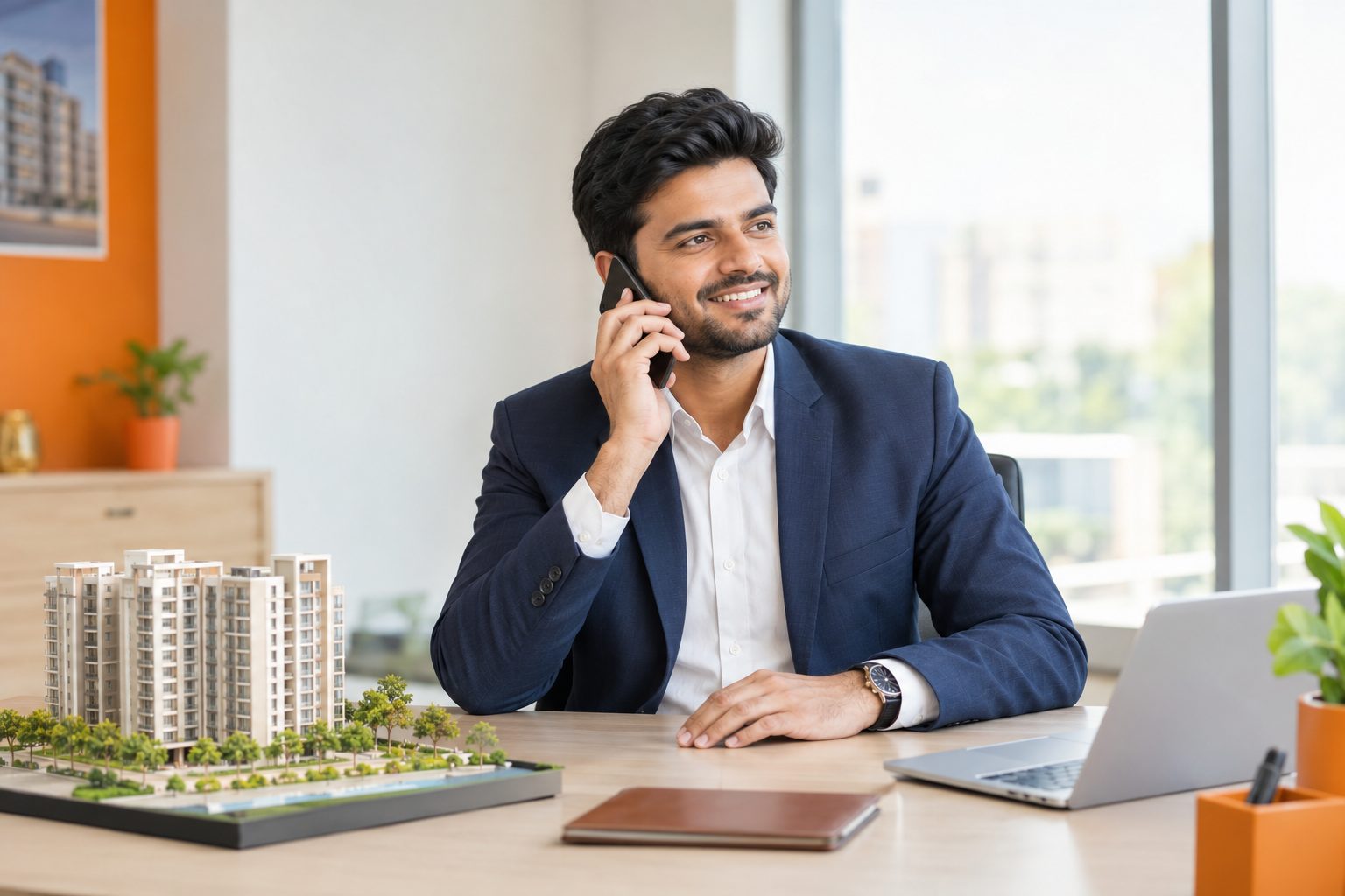 Real estate sales manager in Ghaziabad on a phone call at his desk, with a building model